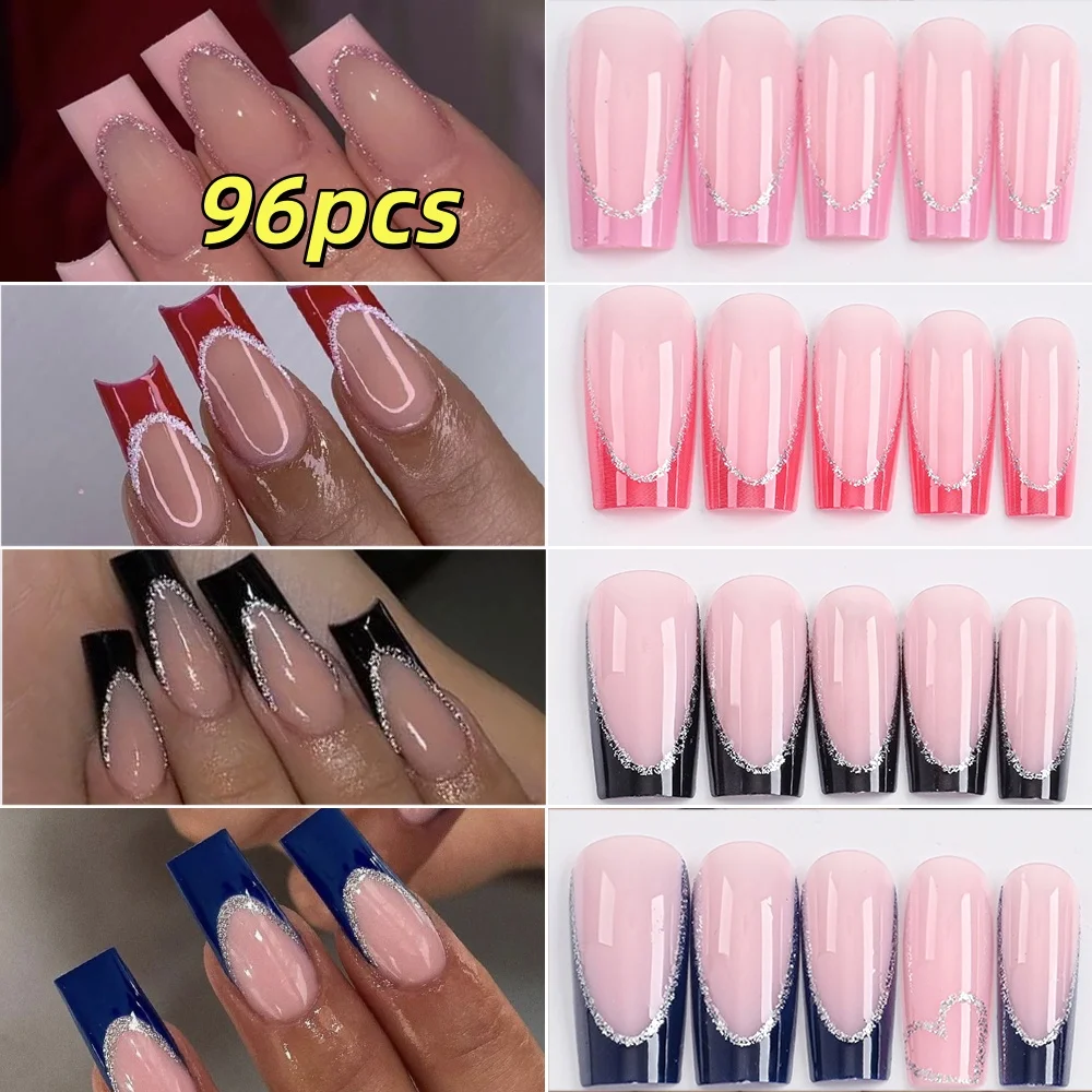 96 teile/satz Glitter Streifen Französisch Gefälschte Nägel Rosa Rot Blau Schwarz Lange Sarg Drücken Auf Nägel 3D Romantische Glänzende Ballett Falsche nägel *