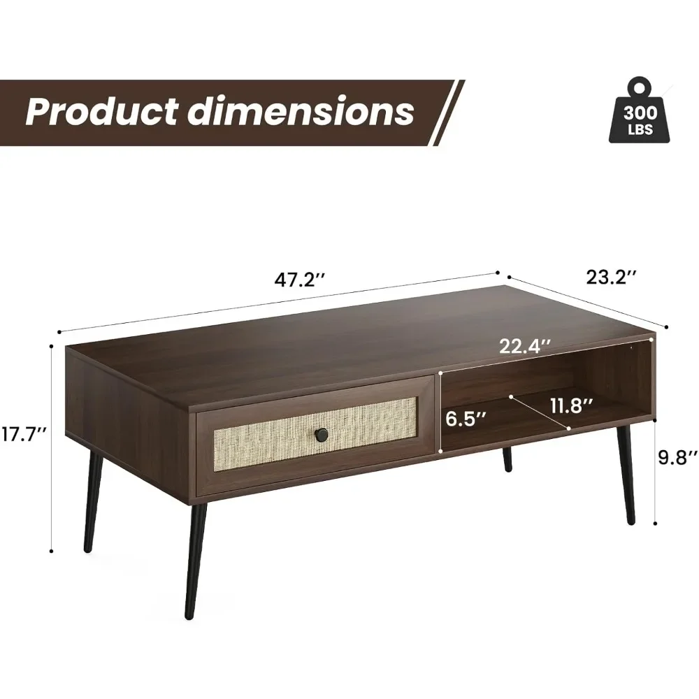 Mesa de centro moderna de meados do século, mesa de console retangular de 47 polegadas com gaveta e prateleira, mesa de centro de madeira para sala de estar