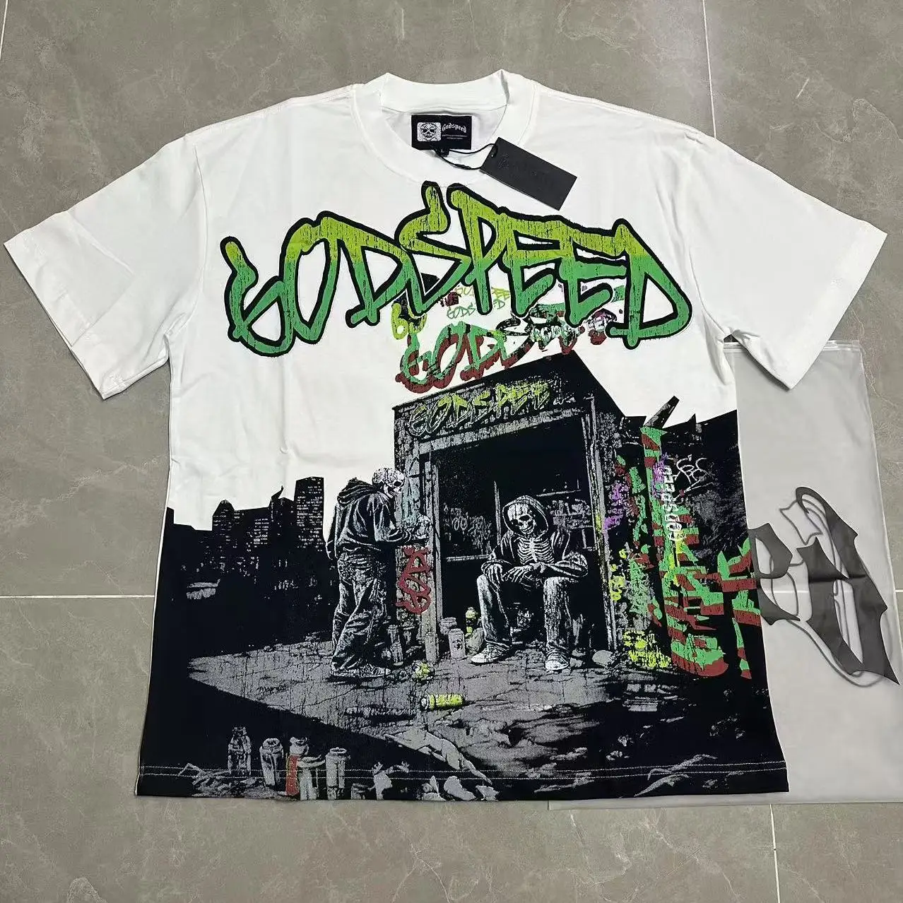 Godspeed American Retro Graffiti Street Skeleton Print Short Sleeve INS High Street Loose Heavy Pure Cotton T-Shirt Unisex
