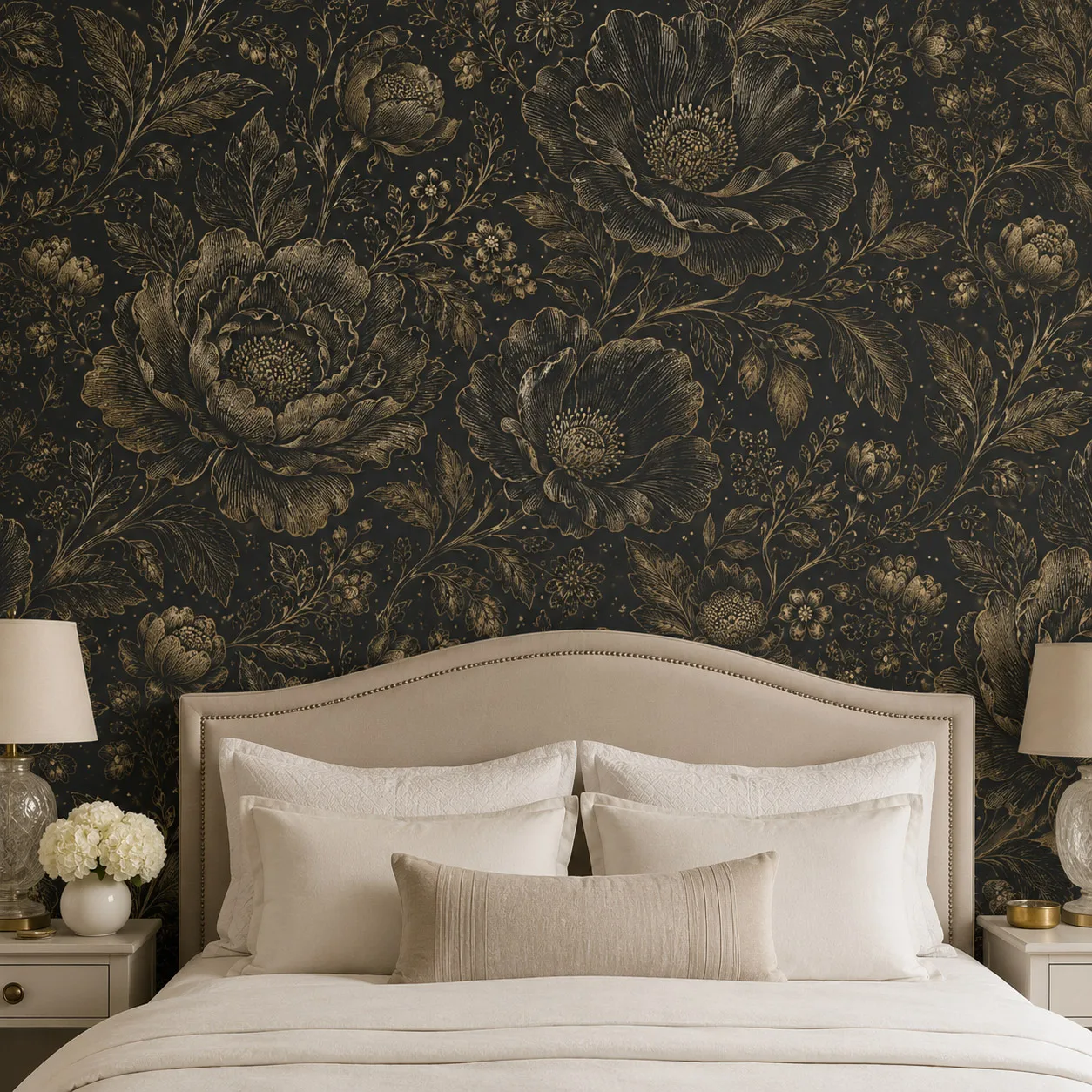 Vintage Black Gold Floral Wallpaper Mural Luxury Peony Botanical Wall Art for Living Room Bedroom Sofa Background Paste Required
