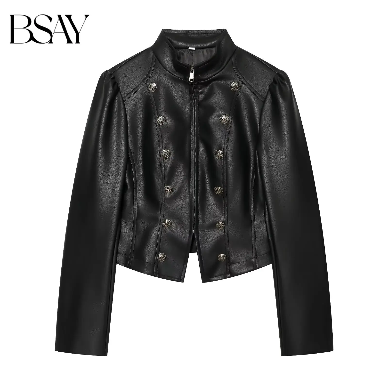 BSAY Retro Women Faux Leather Cropped Jacket Stand Collar Double Breasted Metal Button Zip Up Puff Long Sleeve Short Outerwear