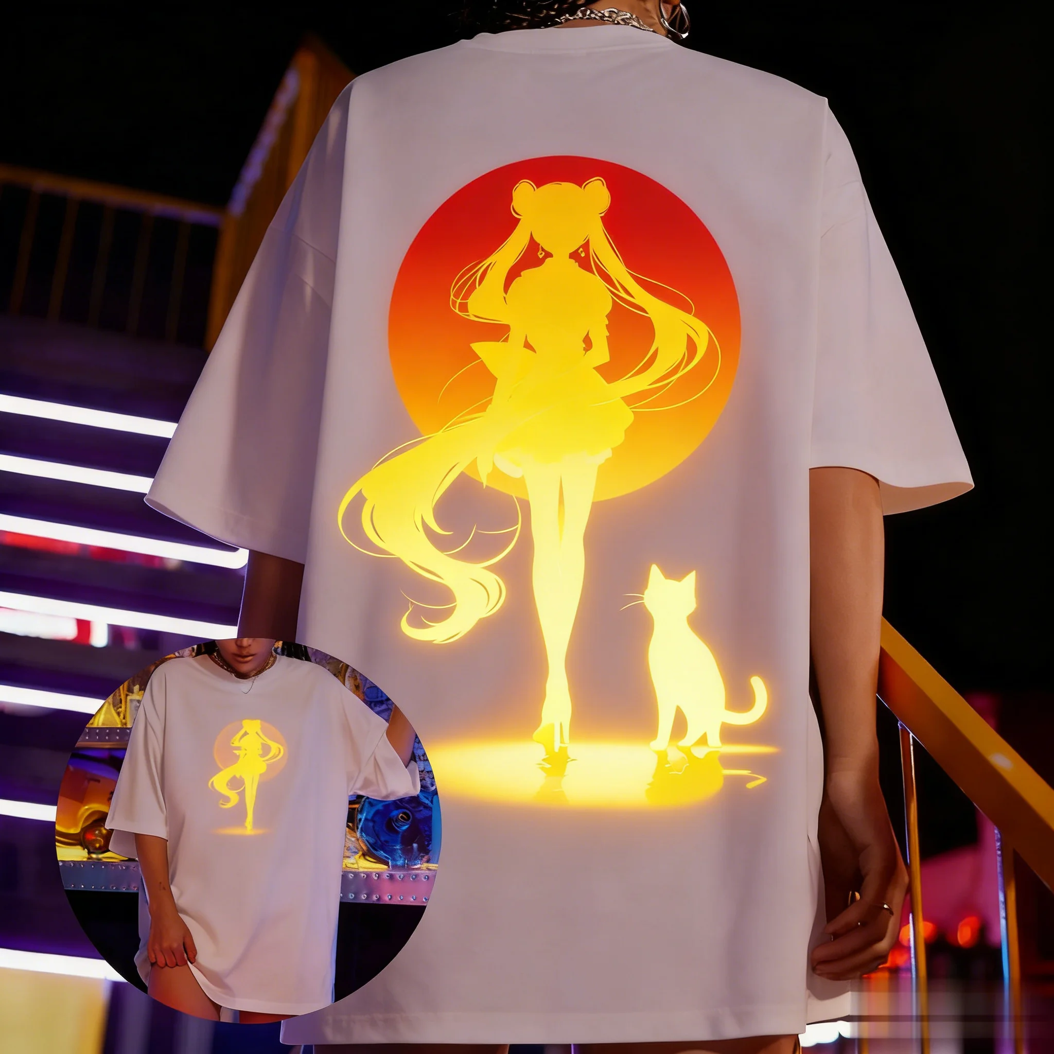 

Pretty Girl Warrior Anime Flash Printed T-shirt Back Trend Casual Summer Men's and Women's T-shirt Street Style