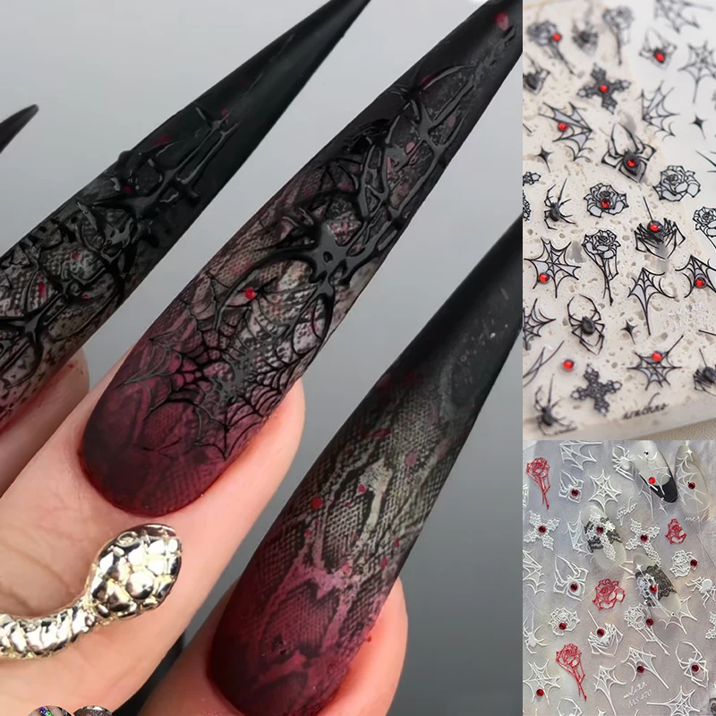 5D Halloween Blood Laser Spider Web Nail Stickers Shiny Rainbow Hologram Glitter Spider Web Nail Decals DIY Halloween Decor