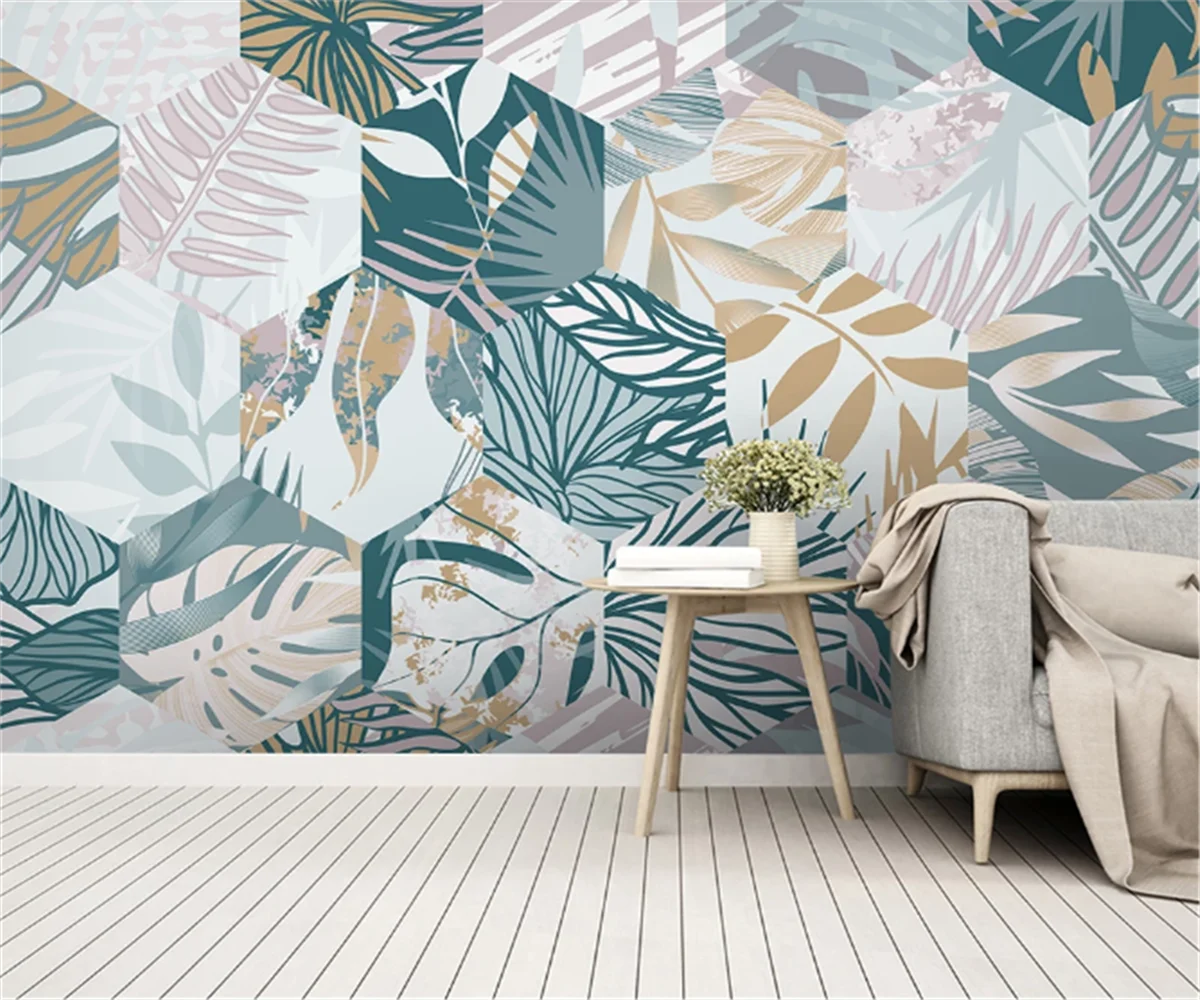 

Customized 3D wallpaper mural Nordic tropical plant leaf geometric line TV bedroom background wall decoration 3D wallpaper