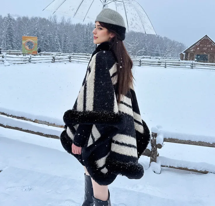 Women's Poncho Winter Faux Fur Oversized Coat Cloak Thick Lining Colorblocked Striped Layered Outerwear Cape P1