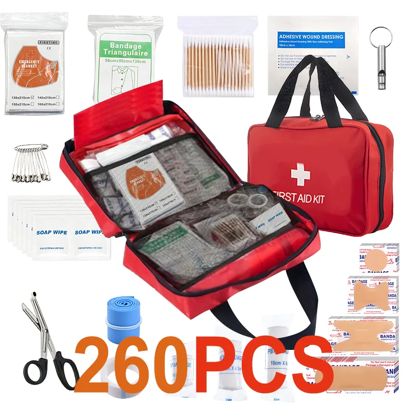 

Durable first-aid kit containing essential care items for grazes, abrasions and sprains. A dependable emergency essential.