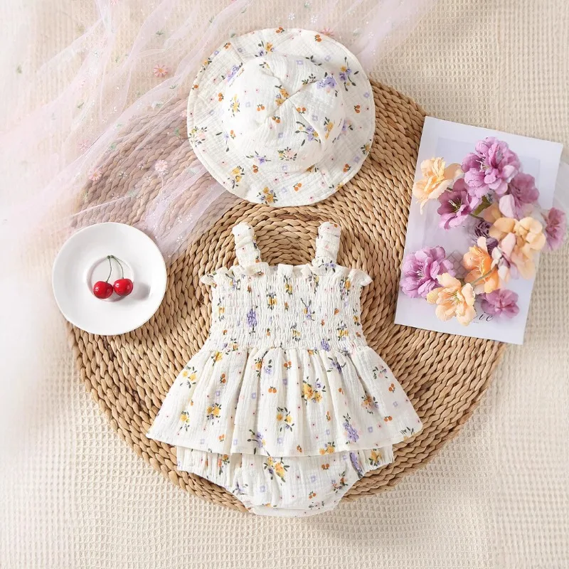 ZOETOPKID Baby Dress Sunshade Hooded Thin Baby Romper Sweet Floral Suspender Baby Girl Fart Coat Triangular Climbing Suit