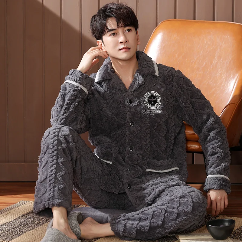 Men Pajamas Set Winter Thick Warm Flannel Pyjama Big Size M-4XL Male Long Sleeve Turn-down Collar Sleepwear