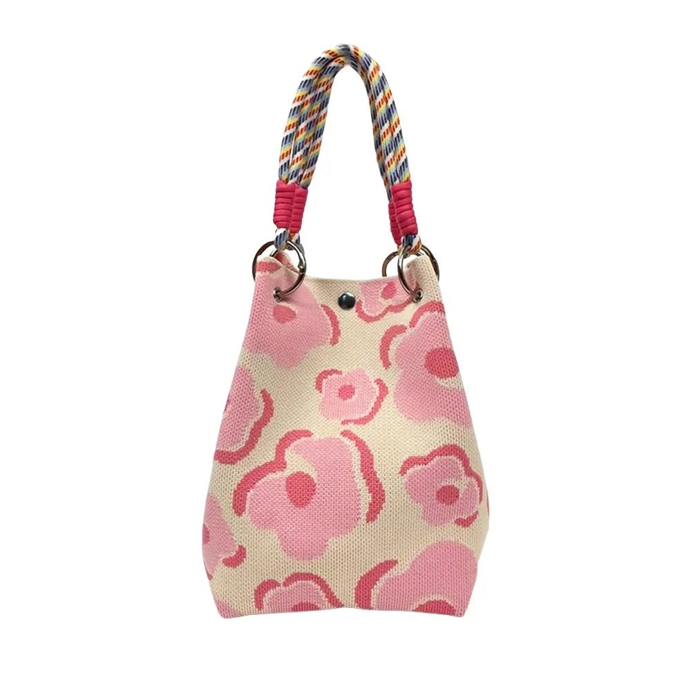 

Модная вязаная сумка-ведро с героями мультфильмов, большая вместительная сумка на запястье ручной работы, тканая сумка на плечо с пряжкой и кольцом для женщин и девочек