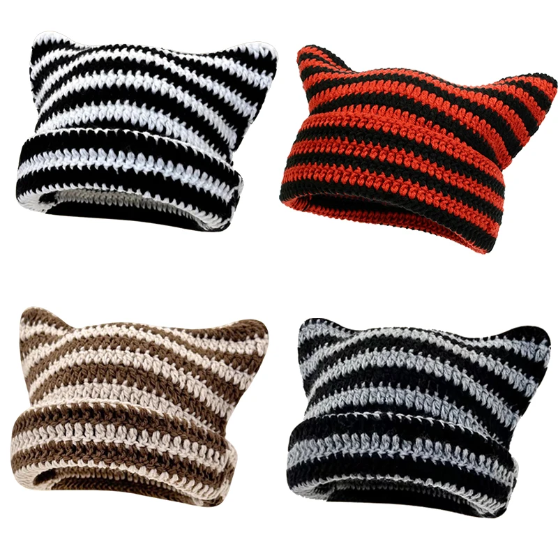 Little Devil Striped Knitted Hat Women Girls Cute Cat Ears Cap New Japanese Streetwear Harajuku Autumn Winter Beanie