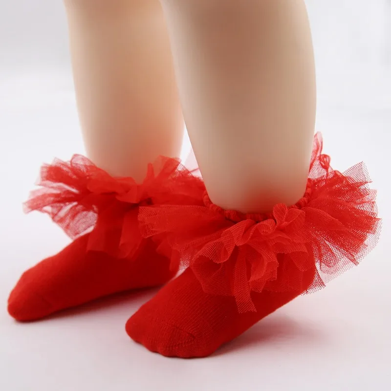 1-12Yrs White Multi Layered Fluffy Lace Socks for Baby Kids Girl's Cotton Frilly Dance Socks Red Retro Princess Socken Gifts