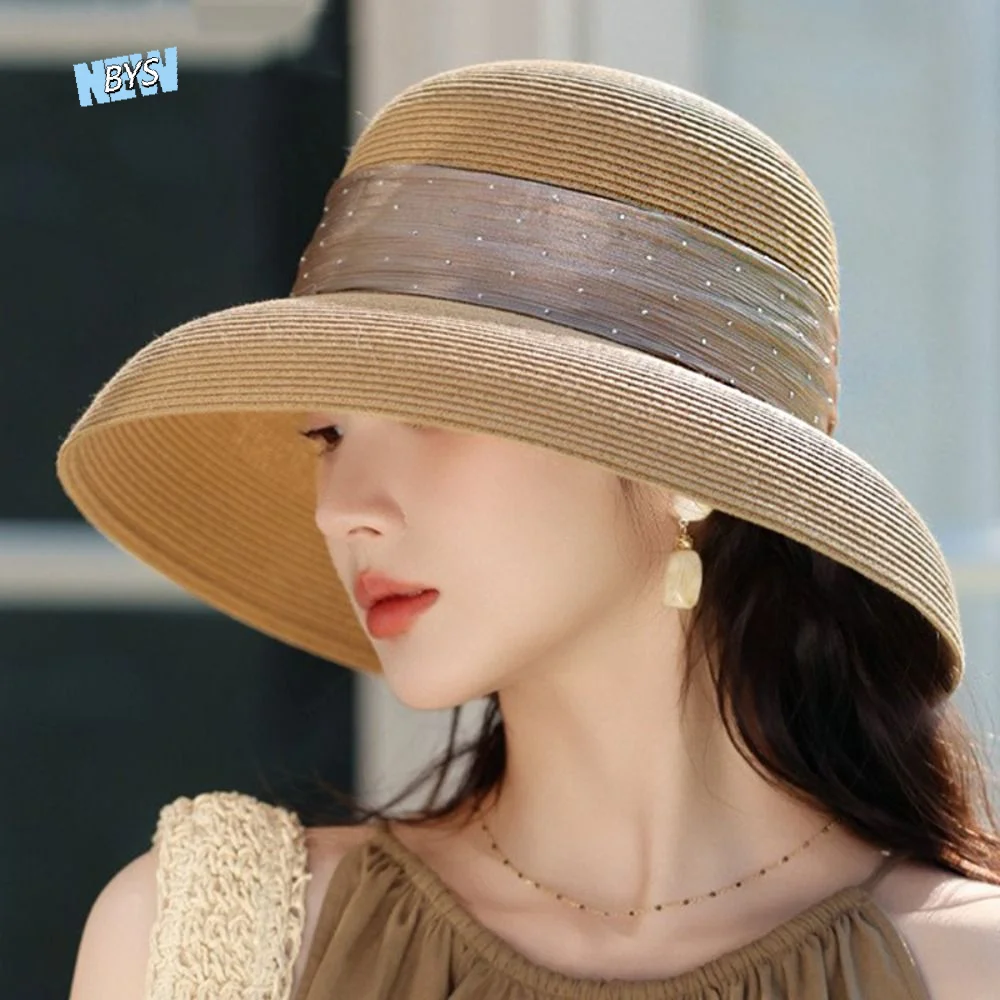 

Elegant Boho Lafite Straw Hat Polka Dot Wide Brim Weave Hat Korean Style Hollow Out UV Protection Cap Summer