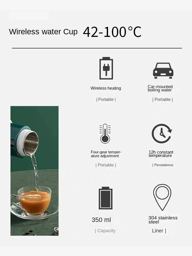 Bollitore per acqua wireless tedesco ricarica portatile bollitore elettrico scollegato riscaldamento thermos tazza auto da viaggio a temperatura costante