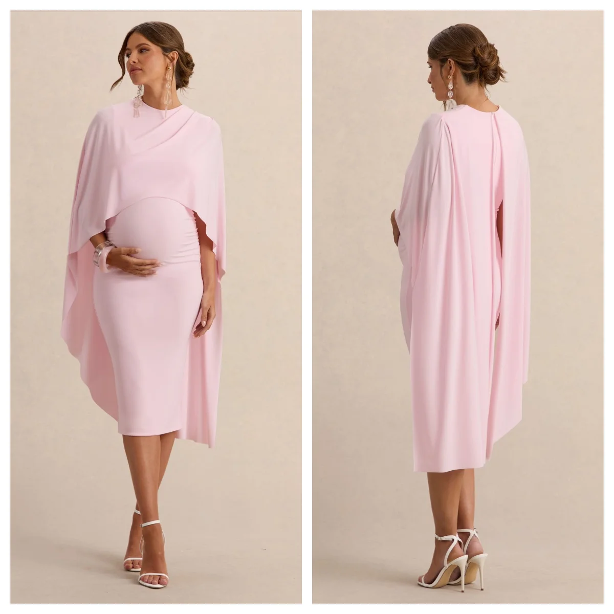

Plus-Size Women Light Pink Round-Neck Maternity Midi Dress With Cape Detail Batwing Sleeve Bodycon Long Maternity Dress