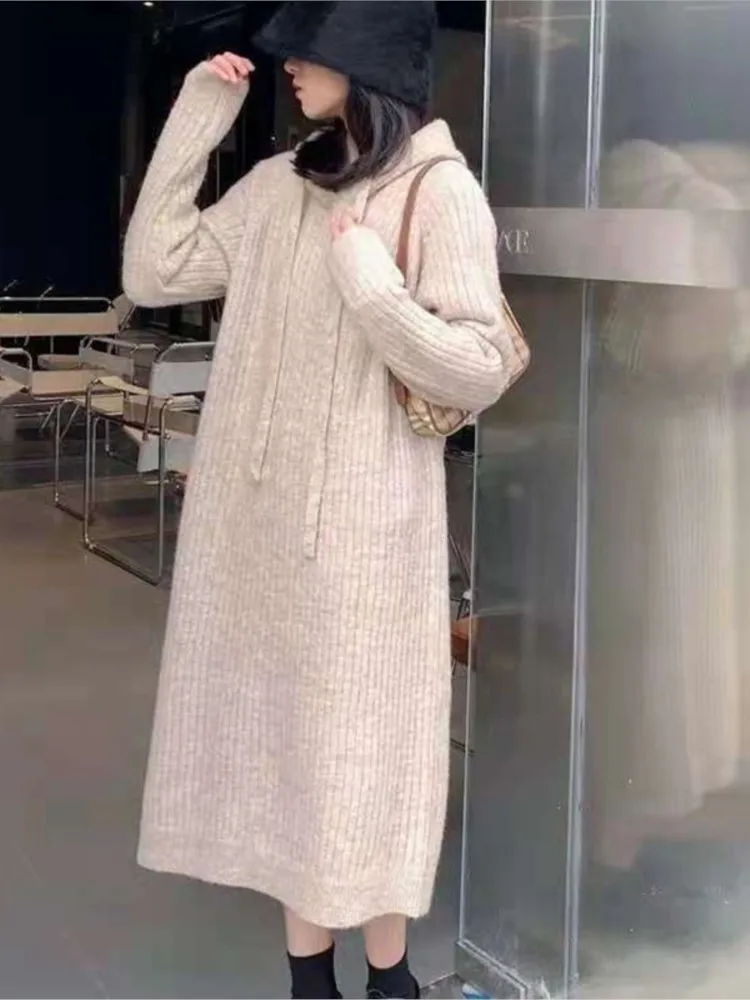 2025 Thickened Hooded Knitted Dress Long Straight Loose Casual Base Shirt Spring Autumn Winter Full Sleeve Ankle Length Dress