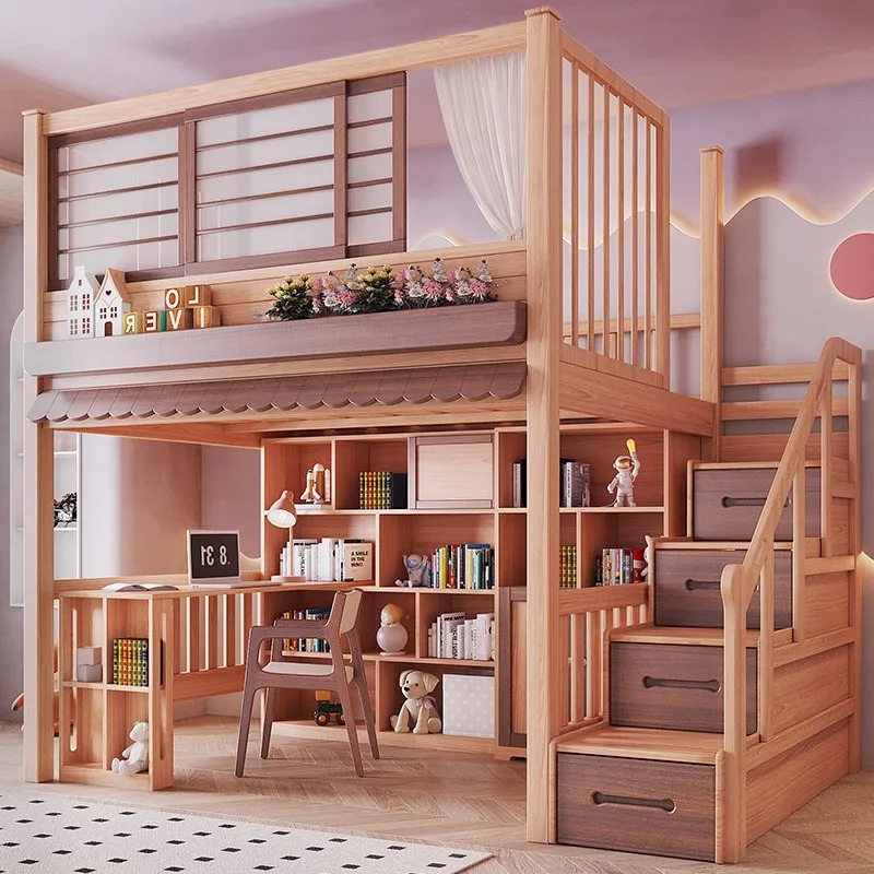 Loft High Bed With Desk Underneath Bookcase Wardrobe Combo For Small Space Kids Adult Bunk Beds Elevated Second Floor Sleeping