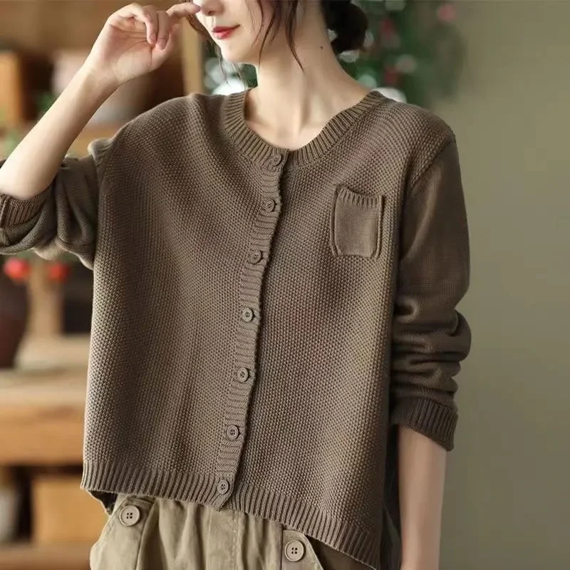 

2025 New Spring Autumn Women Loose Cardigan Coats Female Round Neck Sweater Jackets Ladies Single-breasted Knit Outerwear H741