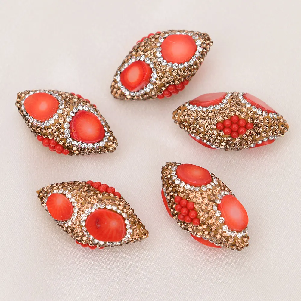 APDGG 18x34mm 5 Pcs Oval Shape Orange Red Coral Beads Trimmed Rhinestone Crystal Cz Pave Connectors Beads DIY Jewelry Findings