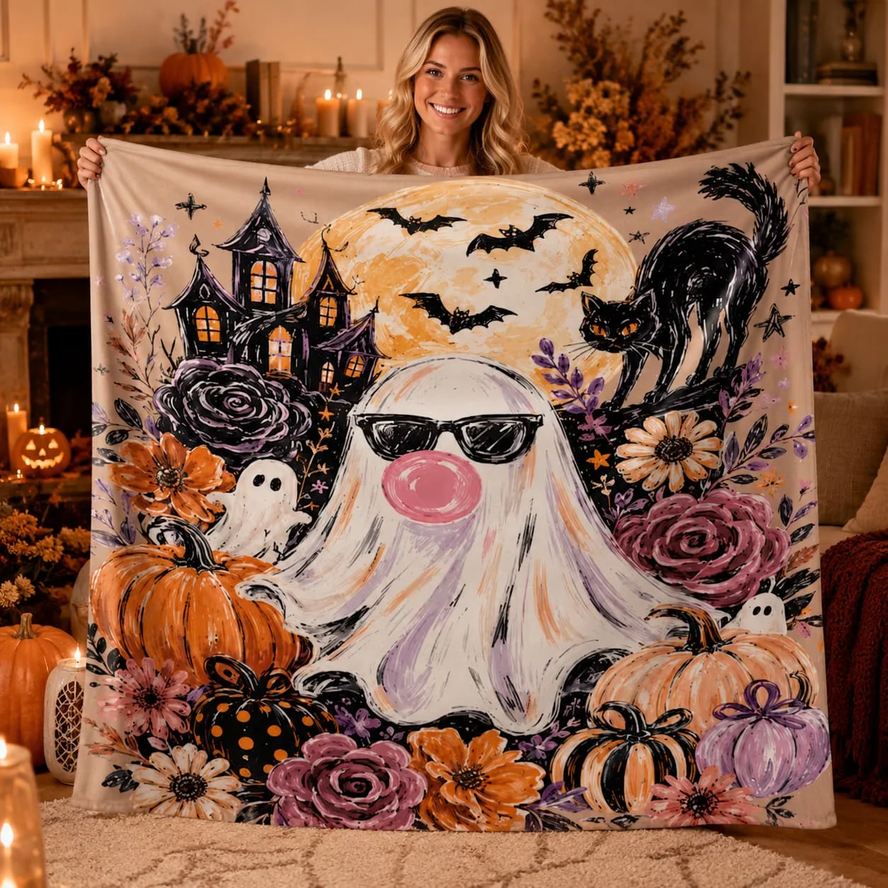 Ghost Blowing Bubble Gum Blanket, Cute Halloween Blanket, Girly Haunted House Throw, Brushstroke Floral Fall Blanket, Spooky Gift