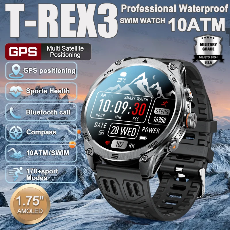 

New Outdoors Sports 1.75" AMOLED Screen GPS Smart Watch Built-in GPS 10ATM Waterproof Compass 1000mAh Battery BT Call Smartwatch
