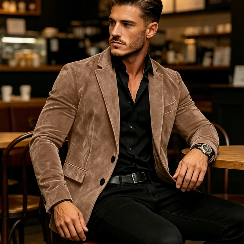 Luxury Men's Suede Texture Blazer Notched Lapel Slim Fit 2 Button Sport Coat Business Casual Formal Wedding Party Suit Jacket