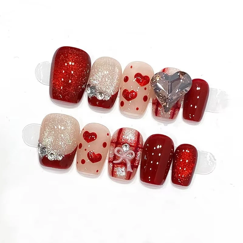 

10pcs Red New Year Handmade Nail Cat's Eye Hand-Painted Plaid Heart Manzusha Press on Nail Short Square Fake Nail for Women&Girl