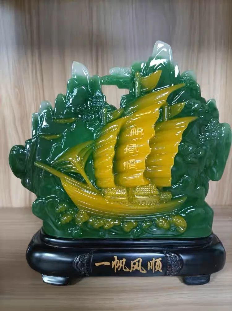 GOOD LUCK Everything goes well work business 2023 HOME OFFICE BAR CLUB Auspicious Decorative Ornaments RESIN JADE Sailboat ship