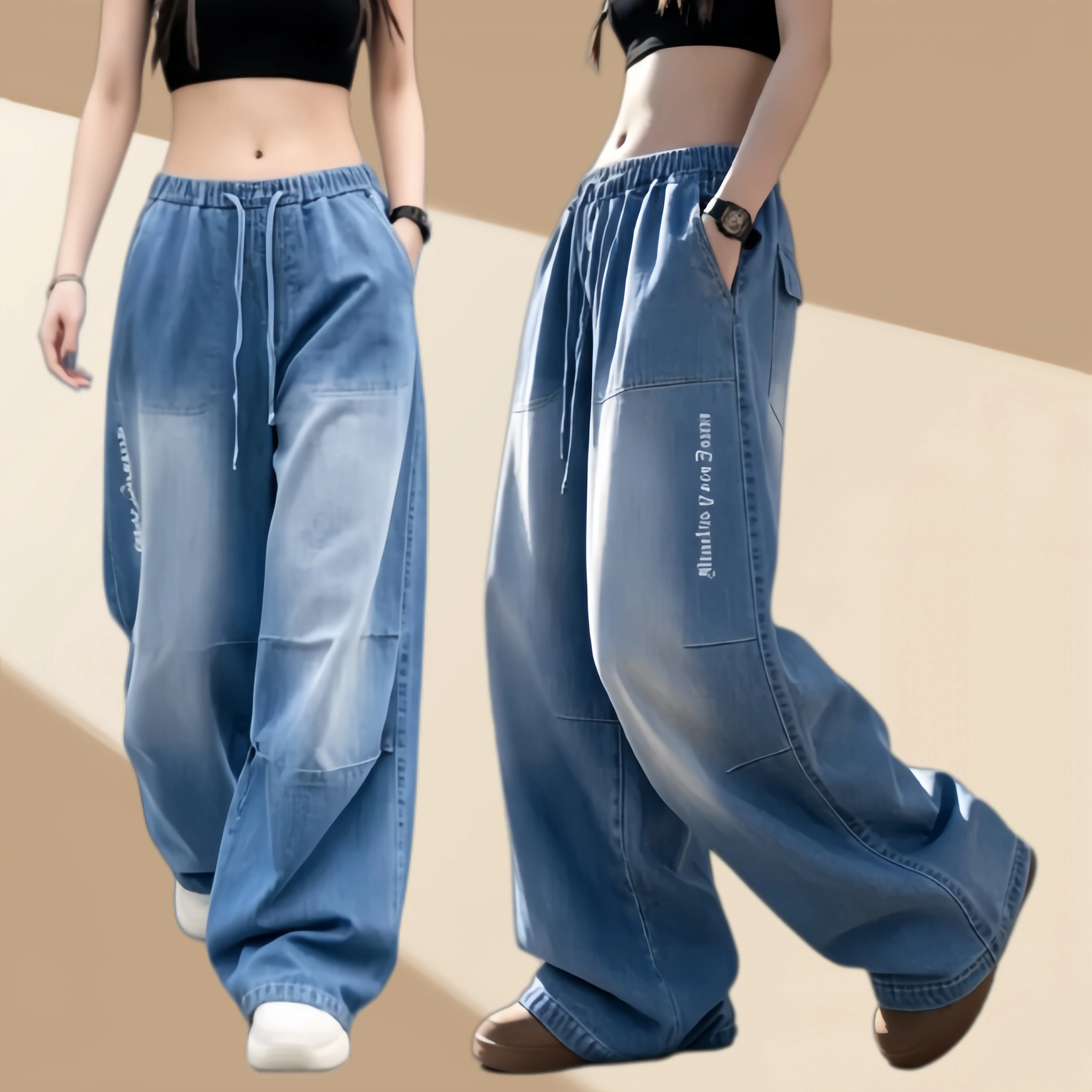 trendy-american-style-loose-wide-leg-denim-pants-women's-casual-dance-pants-square-dance-long-trousers-sporty-cotton-blend