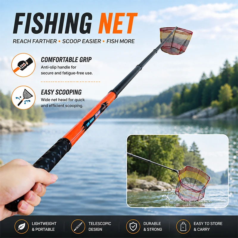 330CM Carbon Fiber Fishing Landing Net, Telescopic Foldable Fish Net with Rubber Coated Mesh, Lightweight Pole - view 5