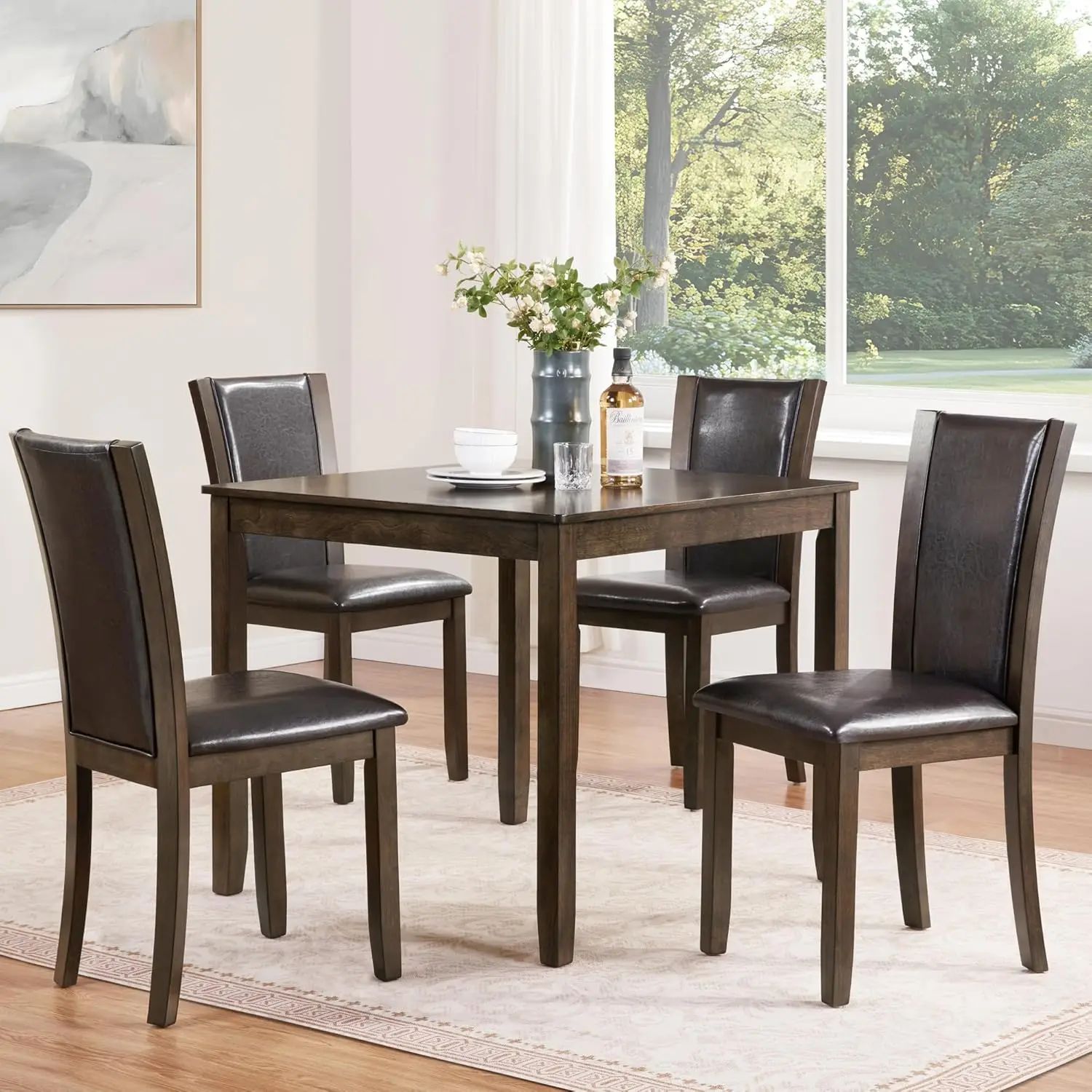 

Dining Table Set for 4, Farmhouse Kitchen Table Set with PU Leather Dining Chairs, 5-Piece Wood Dining Sets, Dark Walnut