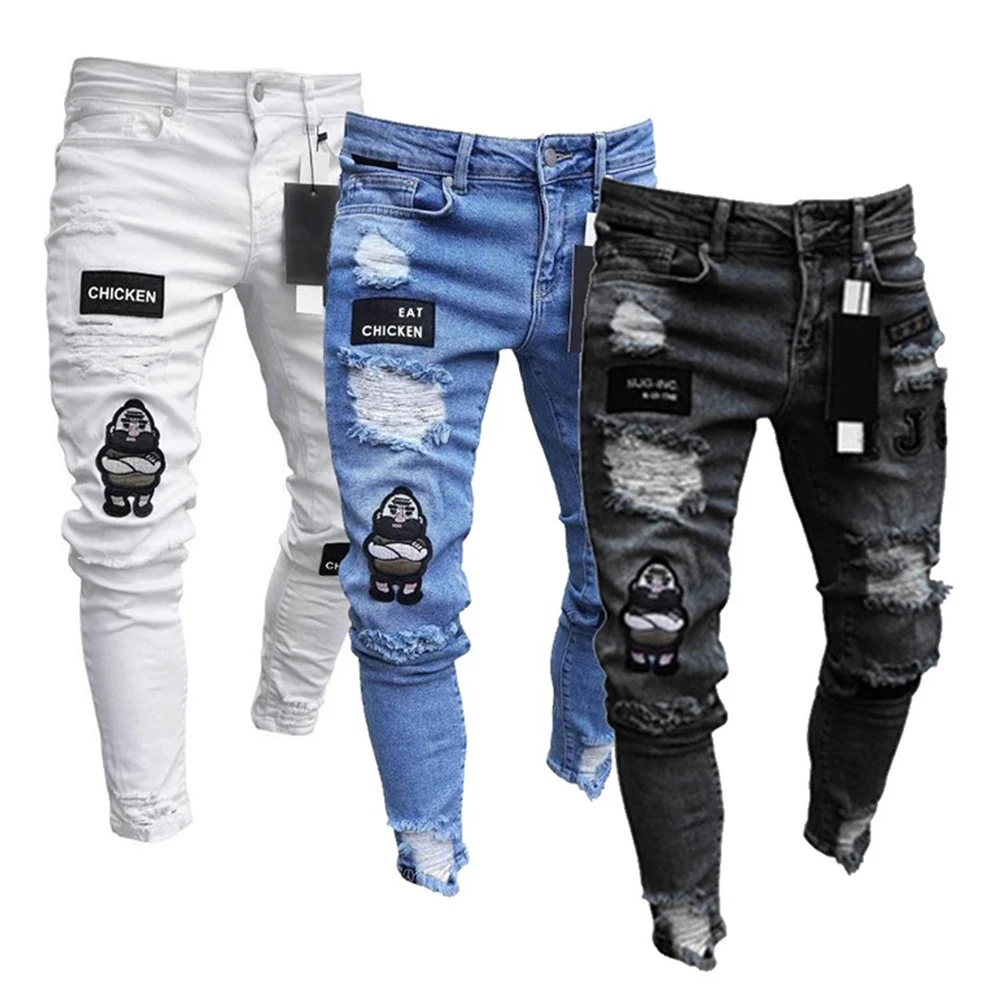 

White Embroidery Skinny Ripped Jeans Men Cotton Stretchy Hole Slim Fit Hip Hop Denim Pants Casual Jeans for Men Jogging Trousers