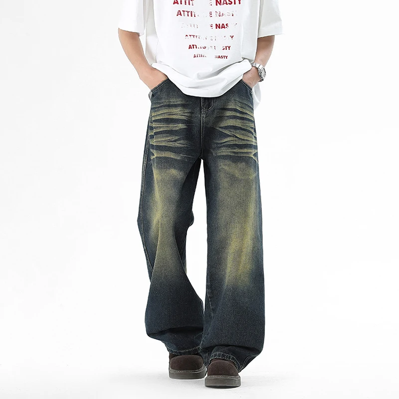 

Мужские потертые джинсы градиентного цвета, высококачественные тяжелые потертые джинсовые брюки, мужские широкие джинсы в американском стиле ретро, весна-осень