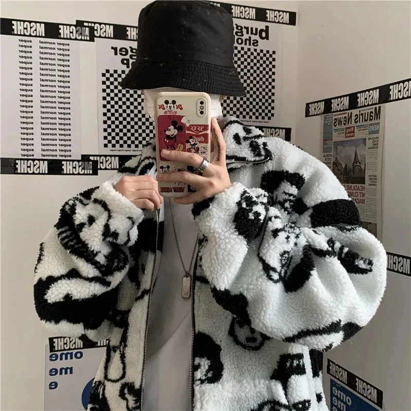 

KIMOKM, новинка зимы, Harajuku, ленивая уличная стильная куртка, милая куртка с длинными рукавами и принтом мультфильмов, верхняя одежда на молнии из овечьей шерсти