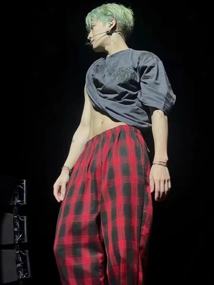 

Red Plaid Elastic Waist Straight Leg Pants Men Women Casual Loose Wide Leg Trousers Hong Kong Sle Youthful Vitali All Sea...