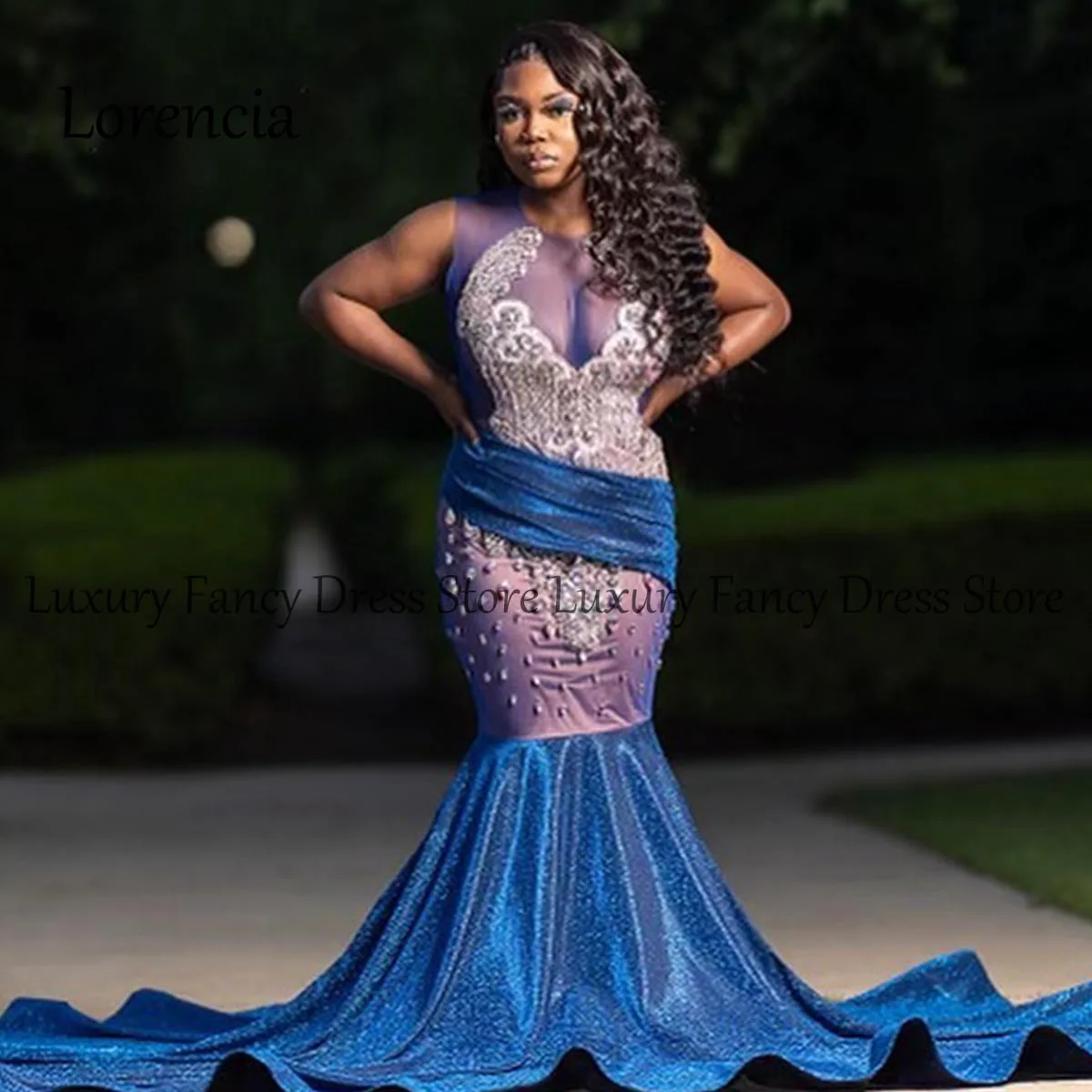 Customized Sparkly Royal Blue Diamonds Mermaid Prom Dress Sequins Bead Crystal Rhinestones Tassels Vestidos Birthday Party Dress