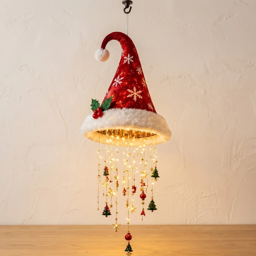 1PC LED Santa Hat Hanging Ornament Festive Red Fiber Lighted Cap for Home Porch Ceiling Living Room Xmas Decoration