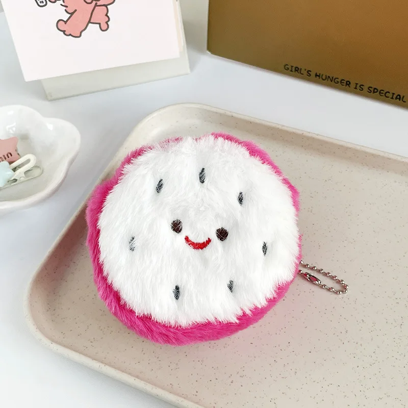 Cartoon Cute Dragon Fruit Shape Plush Coin Purse Children's Schoolbag Decoration Pendant Girls Earphone Bag Lipstick Storage Bag