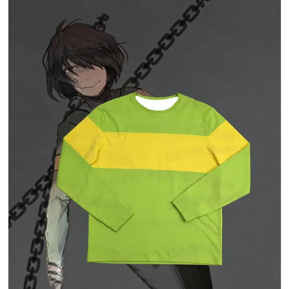 Men's and Women's Deltarun Kris Cosplay Long Sleeve Fashion Green Yellow Stripe Anime Cartoon Cute Autumn Top T-shirt