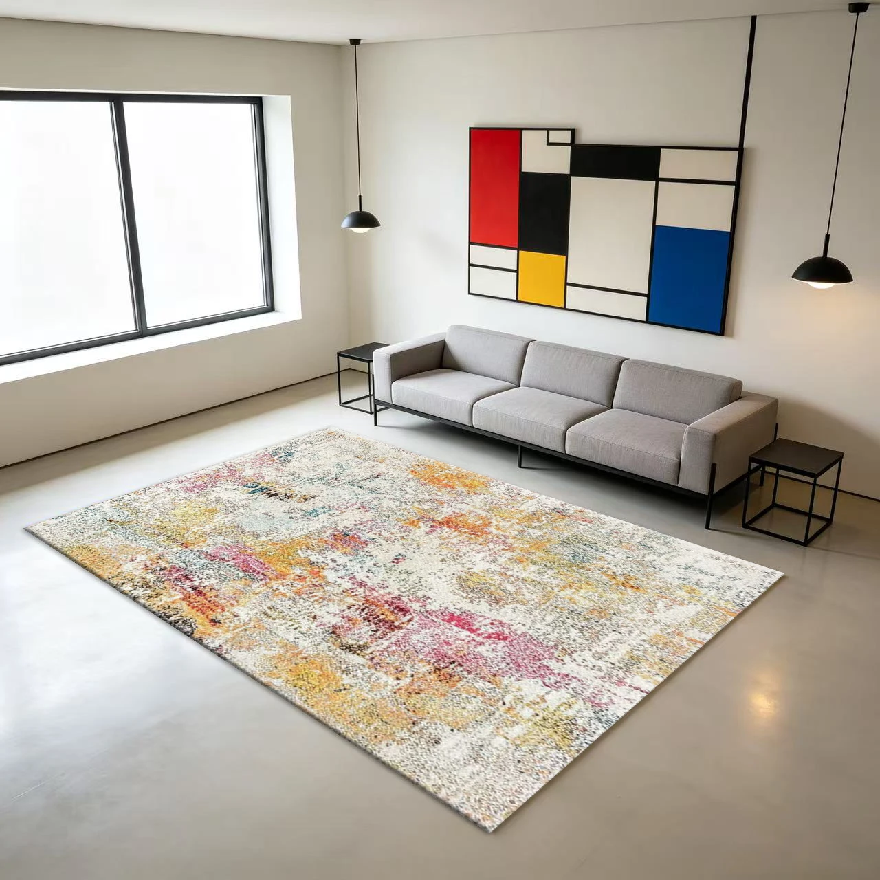 Faded Abstract Distressed Texture Carpet Flooring, Modern Vintage Non-Slip Area Rug for Living Room Bedroom Home Interior Decor