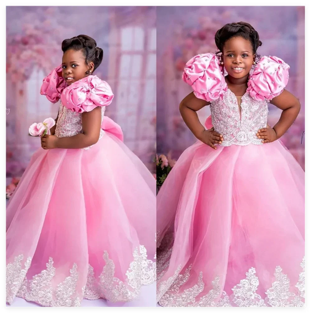 Розовые платья с цветочным узором для девочек по индивидуальному заказу на свадьбу, великолепные аппликации длиной до пола, детское платье принцессы для выпускного вечера на день рождения