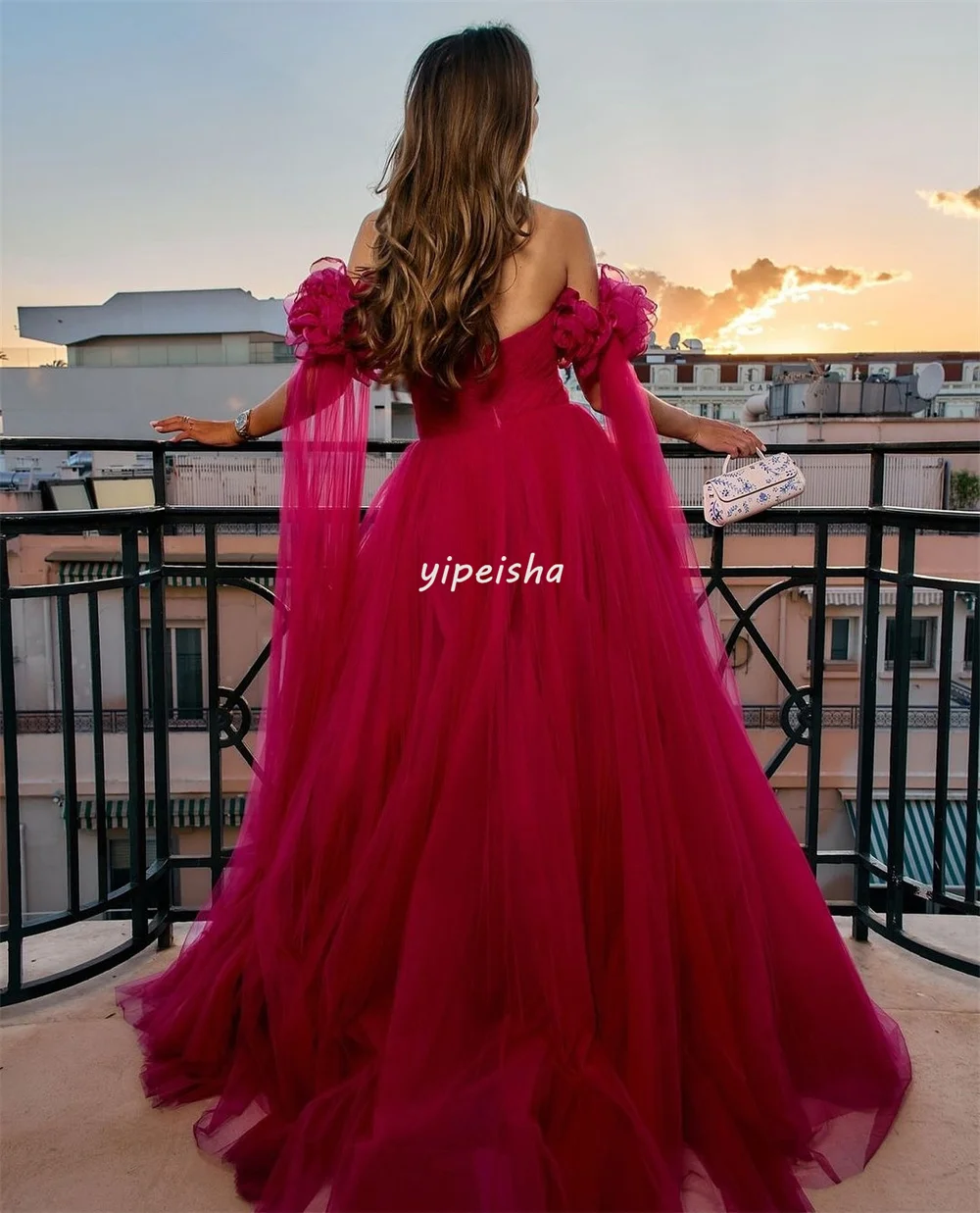 Customized Intricate Casual Tulle Handmade Flower Pleat Ruched A-line Off-the-shoulder Long Dresses Bespoke Occasion Dresses Mat