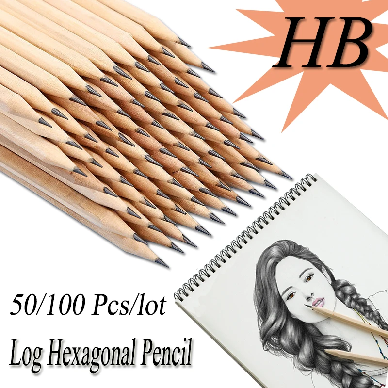 

50/100pcs HB Hexagonal log coloring Black Pencil Non-toxic drawing pencil Stationery Office Eco-friendly Natural School Supplies