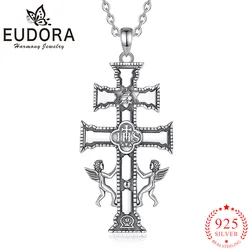 Eudora 925 Sterling Silver Caravaca Cross Necklace Angel Sacred Heart Amulet Pendant Religious Faith Jewelry Gift For Men Women