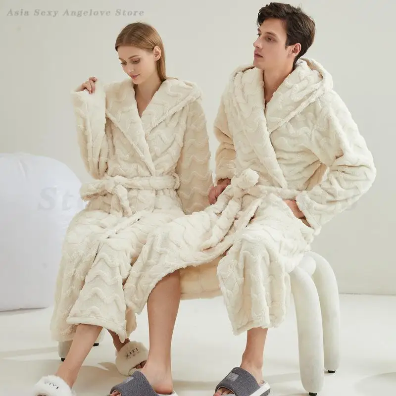 Autumn Winter Flannel Hooded Robe Home Wear Couple Sleepwear Thicken Warm Coral Fleece Yukata Loungewear Loose Bathrobe Pajama