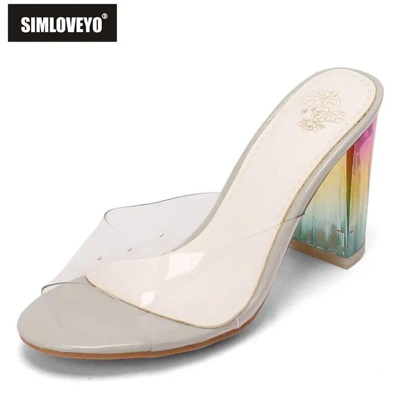 

SIMLOVEYO Brand Women's Mule Sandals 9cm Block Heel Slip On Mixed Color Soft Fashion Dating Style Summer Wear Large Sizes 45-48