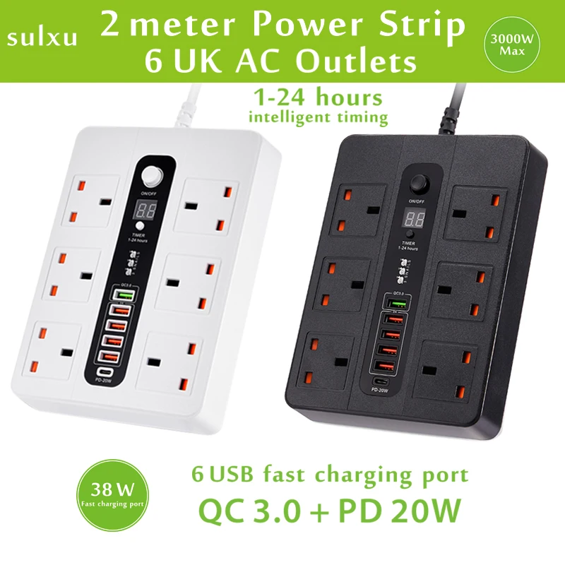 

6AC UK expansion Outlets with overload protection and PD20W fast charger USB power socket smart timing 2meter cable power strip