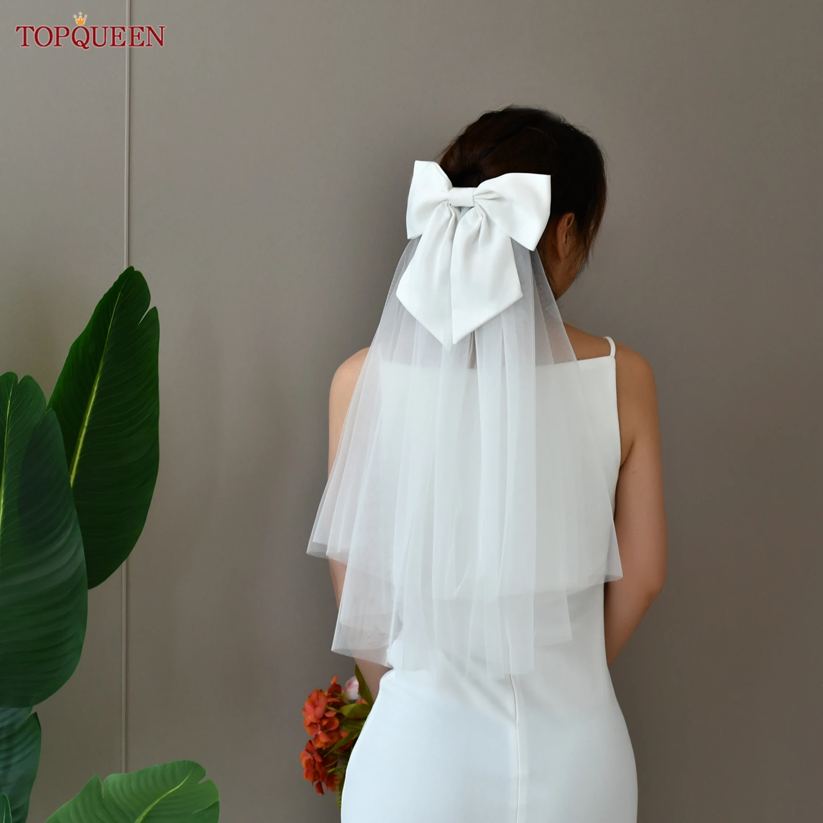 TOPQUEEN Elegant Bridal Veil Double Bow Short Wedding Veil Cute Playful Party Veil White Creamy White Customizable V247