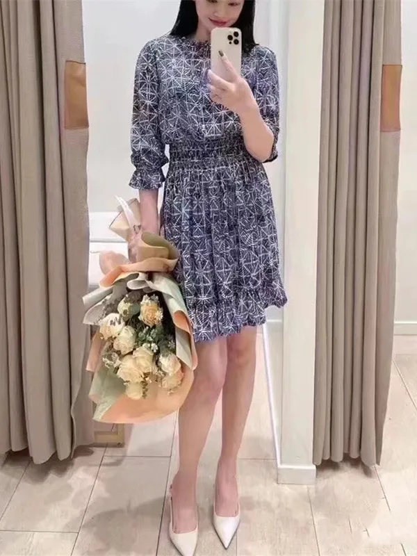 

French Style Floral Print Elastic Waist Short Dress Women's Spring Summer New Arrival Gathered Stand Collar Maxi Skirt Dress