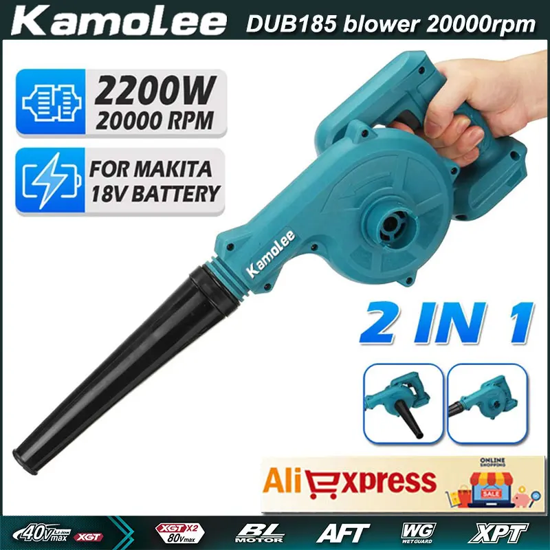 

Kamolee DUB185 Cordless Electric Air Blower & Suction 2200W Leaf Dust Cleaner Collector Power Tools for Makita 18V Battery.