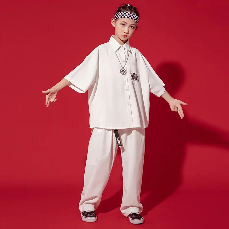 Streetwear Baggy Pants for Girl Boy Dance Costume Clothes Kid Kpop Hip Hop Clothing White Oversized Shirt Top Short Sleeve Loose